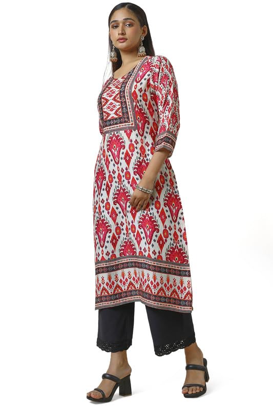 Soch Womens Cream Linen Blend Abstract Print Kurta With Sequins Work