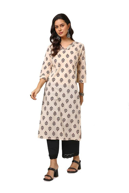 Soch Womens Beige Cotton Botanical Print Kurta With Gotta Patti
