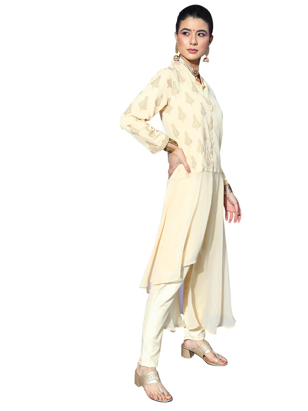 Ziyaa Women's Cream Georgette Asymmetric Kurta And Pant Set(ZIKUGR3757ANDPA)