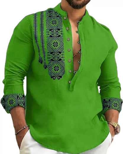 DEELMO Mens Cotton Blend Mandarin Collar Self One Design Full Sleeve Casual Short Kurta Green