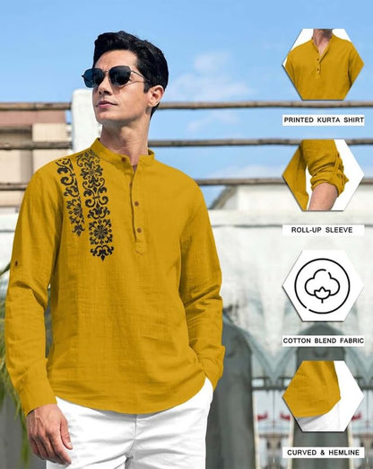 Finivo Fashion MenS Cotton Blend Short Kurta Shirt | Casual Ethnic Wear With Roll-Up Sleeves & Mandarin Collar | Comfortable Fi