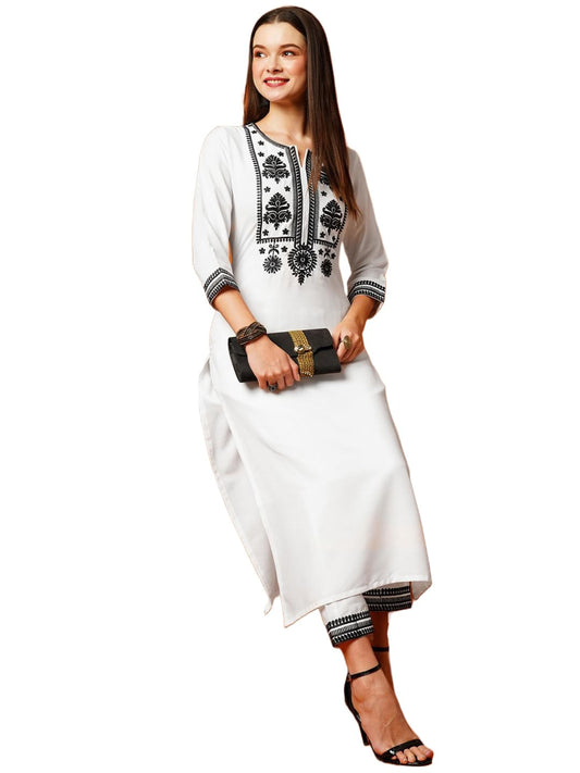 ANNI DESIGNER Women's Cotton Blend Straight Embroidered Kurta with Pant