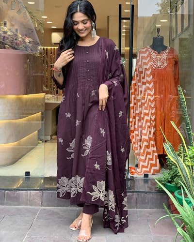 GoSriKi Women's Anarkali Kurta Set, Rayon Blend, XL, Wine, Model Gangori Wine-GS