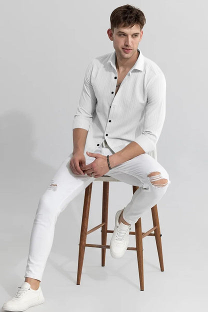 Finivo Fashion MenS Cotton Casual Plain Button Down Shirts Long Sleeve Textured Summer Beach Shirt For Men White
