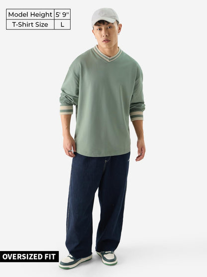 The Souled Store Solids: Sage Green Men and Boys Round Neck Oversized Fit Full Sleeve T-Shirts Oversized Mens T-Shirts Solid Ba