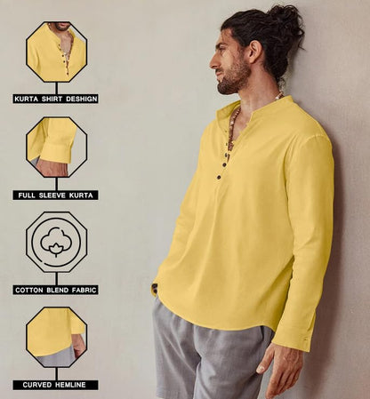 Royalscout MenS Cotton Solid Full Sleeve Short Kurta Shirt Yellow