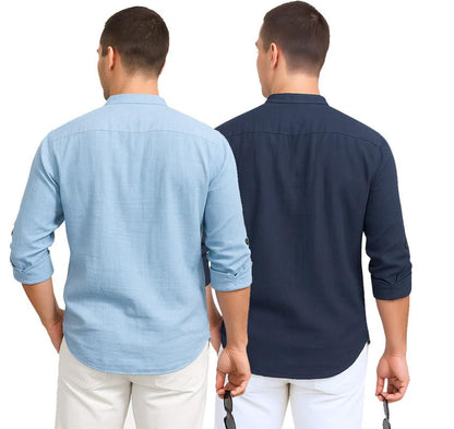 Deelmo Combo Of MenS Cotton Blend Solid Regular Fit Full Sleeve Short Kurta | MenS Trendy Short Kurta Pack Of 2 Sky - Navy