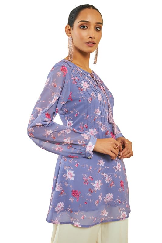 Soch Womens Purple Georgette Floral Print A-Line Tunic with Pintucks