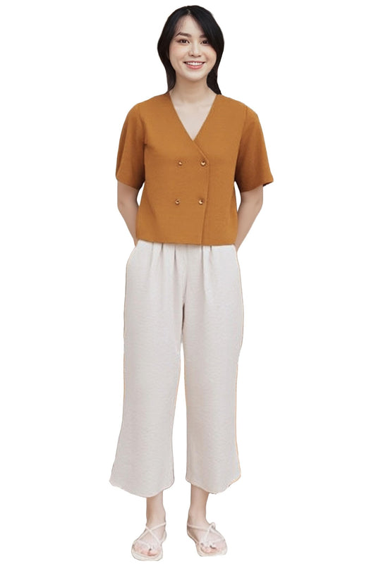 Gosriki WomenS Short Sleeve Shirt Vintage V-Neck Cotton Blend Solid Regular Buttons Top (Pedi Brown-Gs_L_Black_Large)