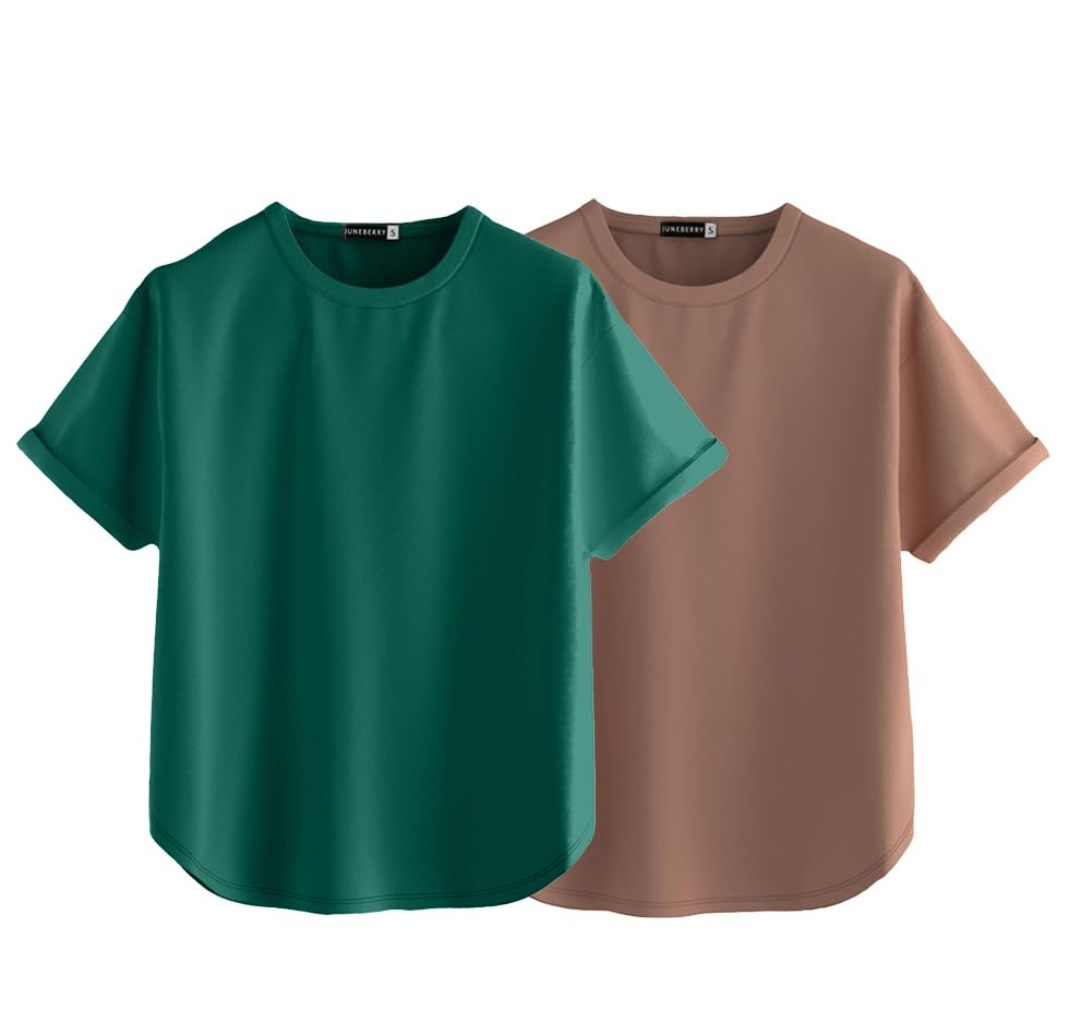 Juneberry Pure 100% Cotton Oversized Loose Baggy Fit Round Neck With Drop Shoulder Half Sleeves Boyfriend T-Shirt Combo For Wome