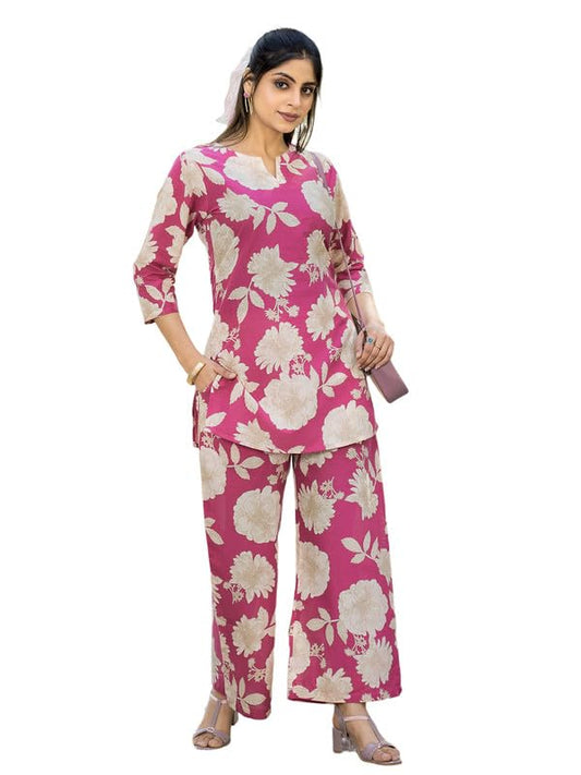 Pinkmint Womens Pure Cotton Co Ord Set l Flower Printed Co Ord Set l Stylish Pocket & 3/4 Sleeve Women Co-ord Set Pink