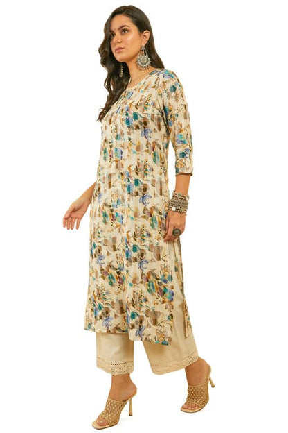 Soch Womens Blue Floral Print Rayon Kurta With Kantha Weave