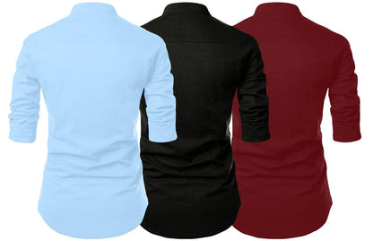 Finivo Fashion MenS Cotton Blend Regular Fit Solid Casual Kurta Shirt Pack Of 3