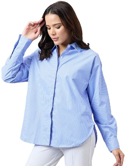 Style Quotient Women Solid Blue and White Smart Casual Oversized Polycotton Shirt