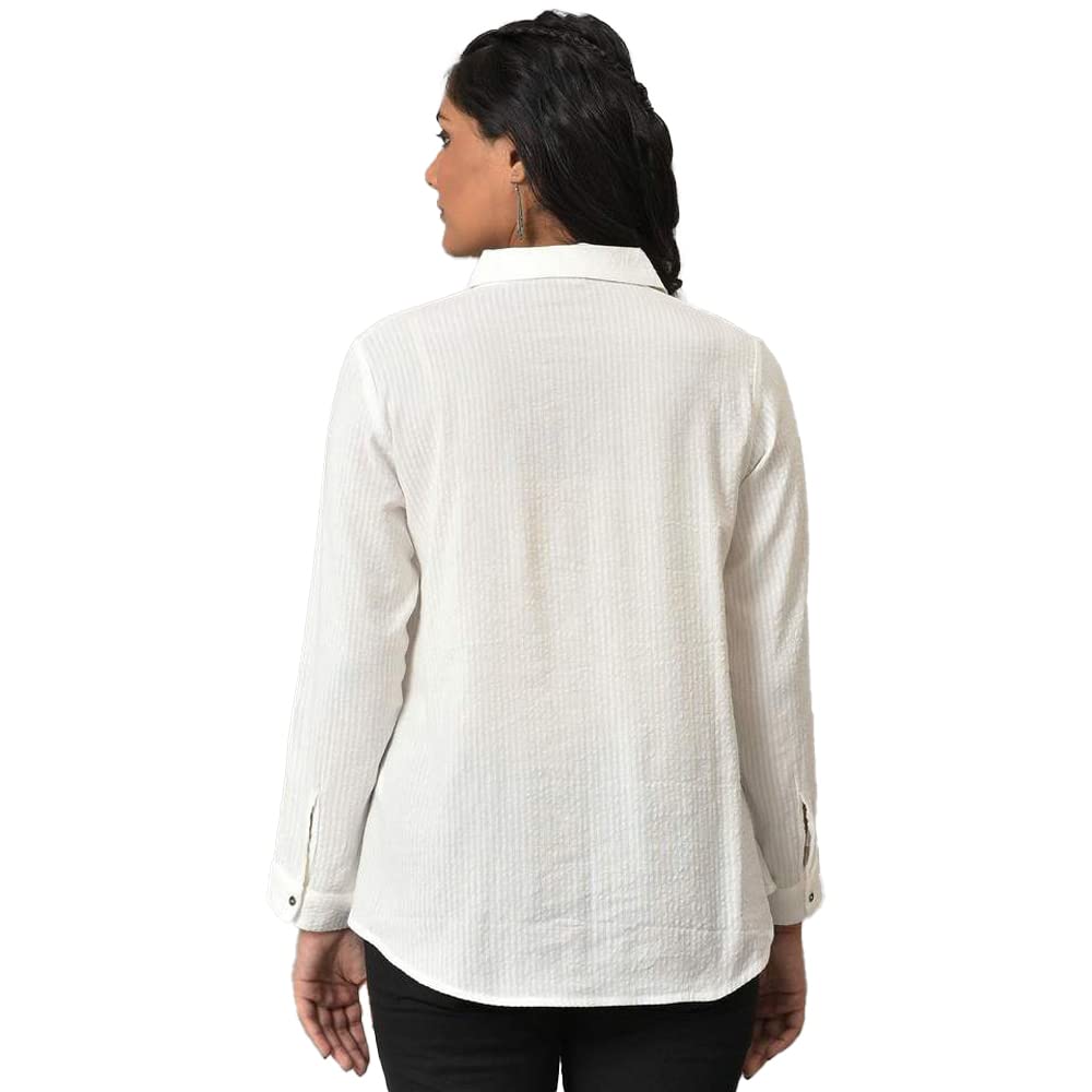 W Ecru Cotton Textured Shirt-Style Top for Women