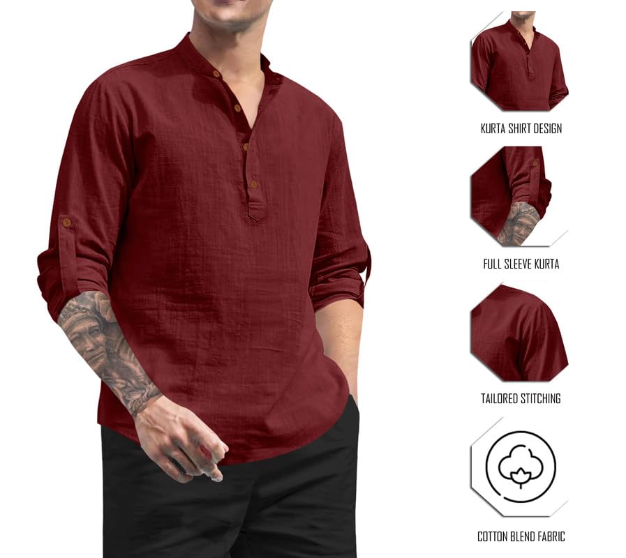 Royalscout MenS Cotton Polyester Blend Solid Regular Fit Full Sleeve Short Kurta Maroon