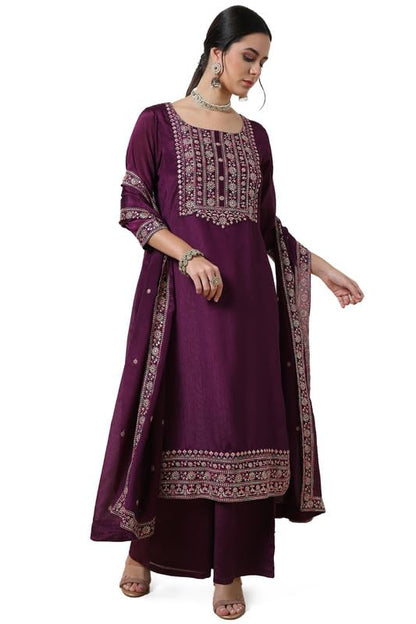 Soch Womens Wine Yoke Embroidered Chinon Blend Suit Set With Sequins