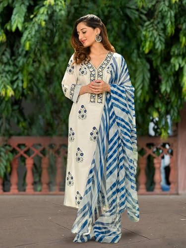 Pinkmint WomenS Hevy Cotton Blend White&Yellow Kurta Set L Stitched Printed Dupatta Set L Stylish Women Festival Dress (Pack Of