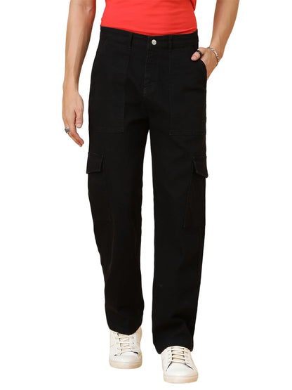 Kotty MenS Solid Mid Rise Straight Fit Stylish Looking Cargo Jeans(Black,32)