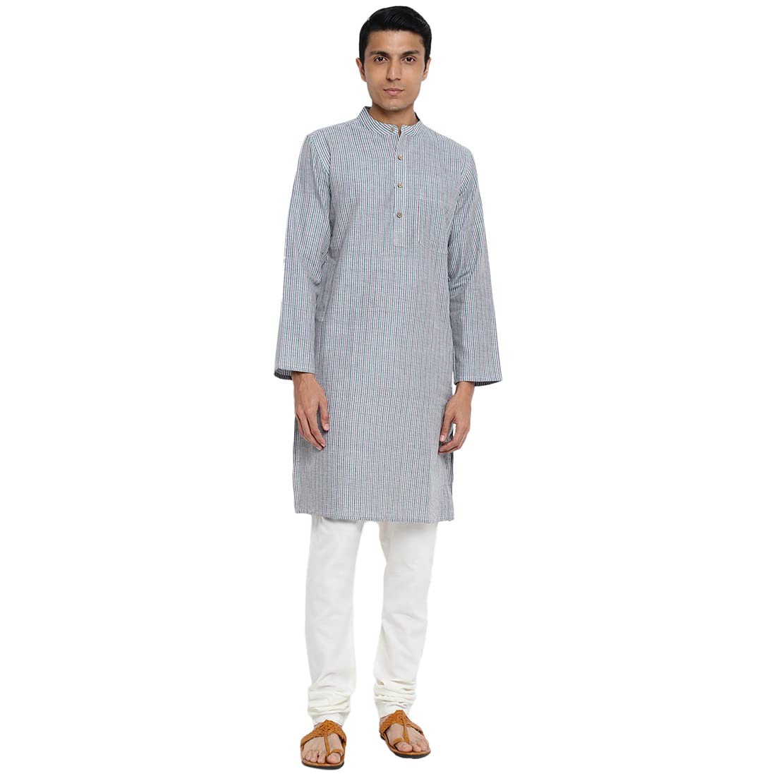 Fabindia Men Cotton Striped Long Kurta Green_L
