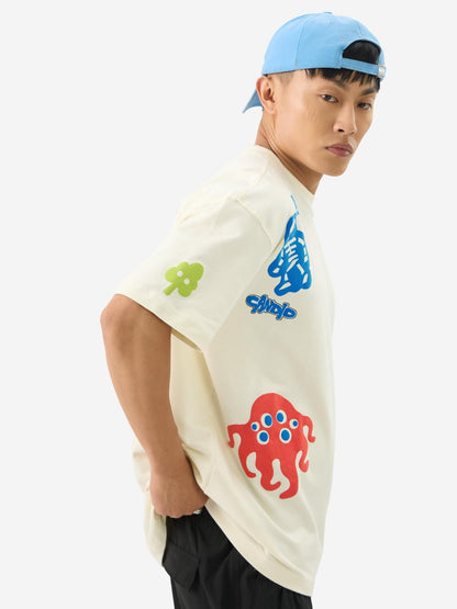 The Souled Store Acid Drip Men and Boys Short Sleeve Round Neck Off White Puff Printed Cotton Oversized T-Shirts