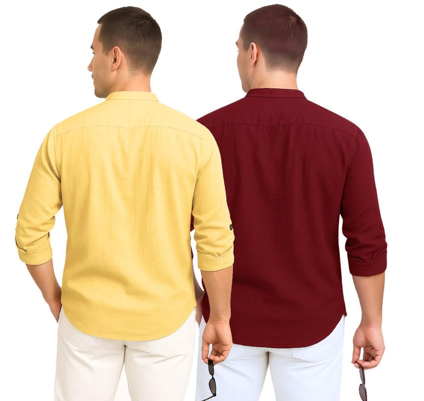 Deelmo Combo Of MenS Cotton Blend Solid Regular Fit Full Sleeve Short Kurta | MenS Trendy Short Kurta Pack Of 2 Yellow - Red