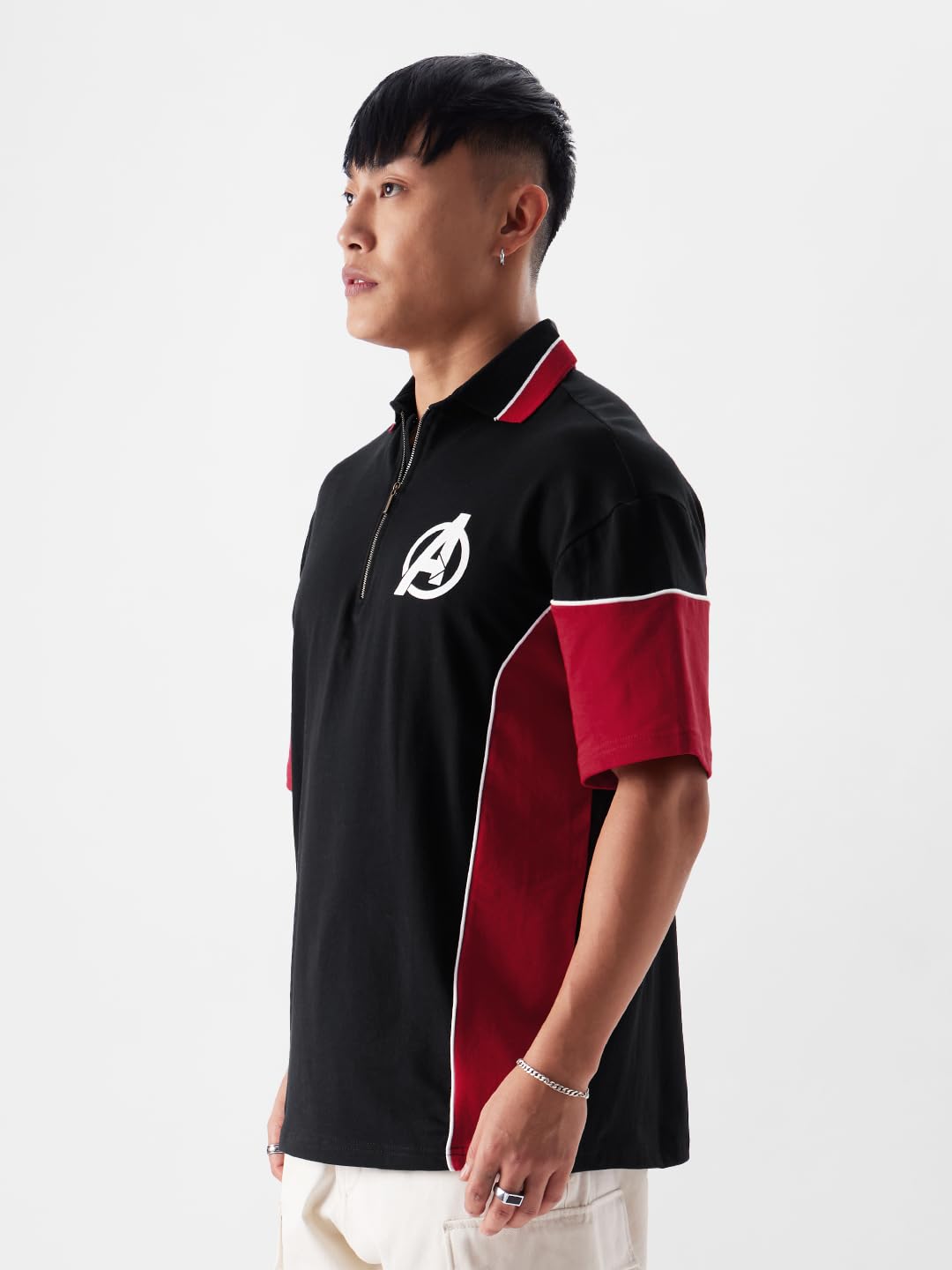 The Souled Store Official Avengers Suit Men and Boys Regular Fit Half Sleeves Graphic Printed Cotton Black Color Zipper Polo T-S