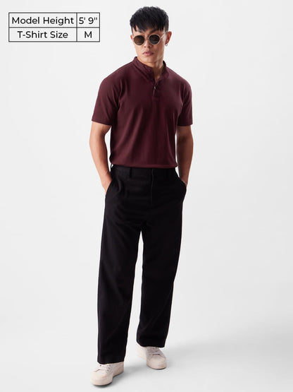 The Souled Store Solids: Burgundy Mens & Boys Regular Fit Solid Half Sleeve Cotton Burgundy Mandarin Polos Mens Polos Graphic t