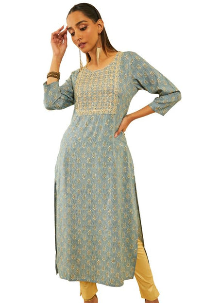 Soch Womens Blue Rayon Floral Printed Kurta With Sequinned Yoke Design