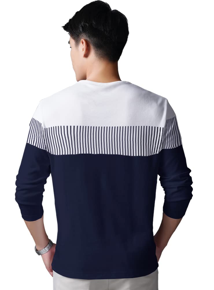Noble Monk MenS Round Neck Full Sleeves Striped Regular Fit T-Shirt Navy Blue White