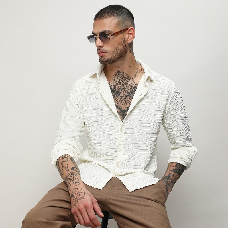 Campus Sutra Mens Ivory White Self-Design Wave Shirt for Casual Wear | Spread Collar | Long Sleeves | Button Closure | Shirt Cr