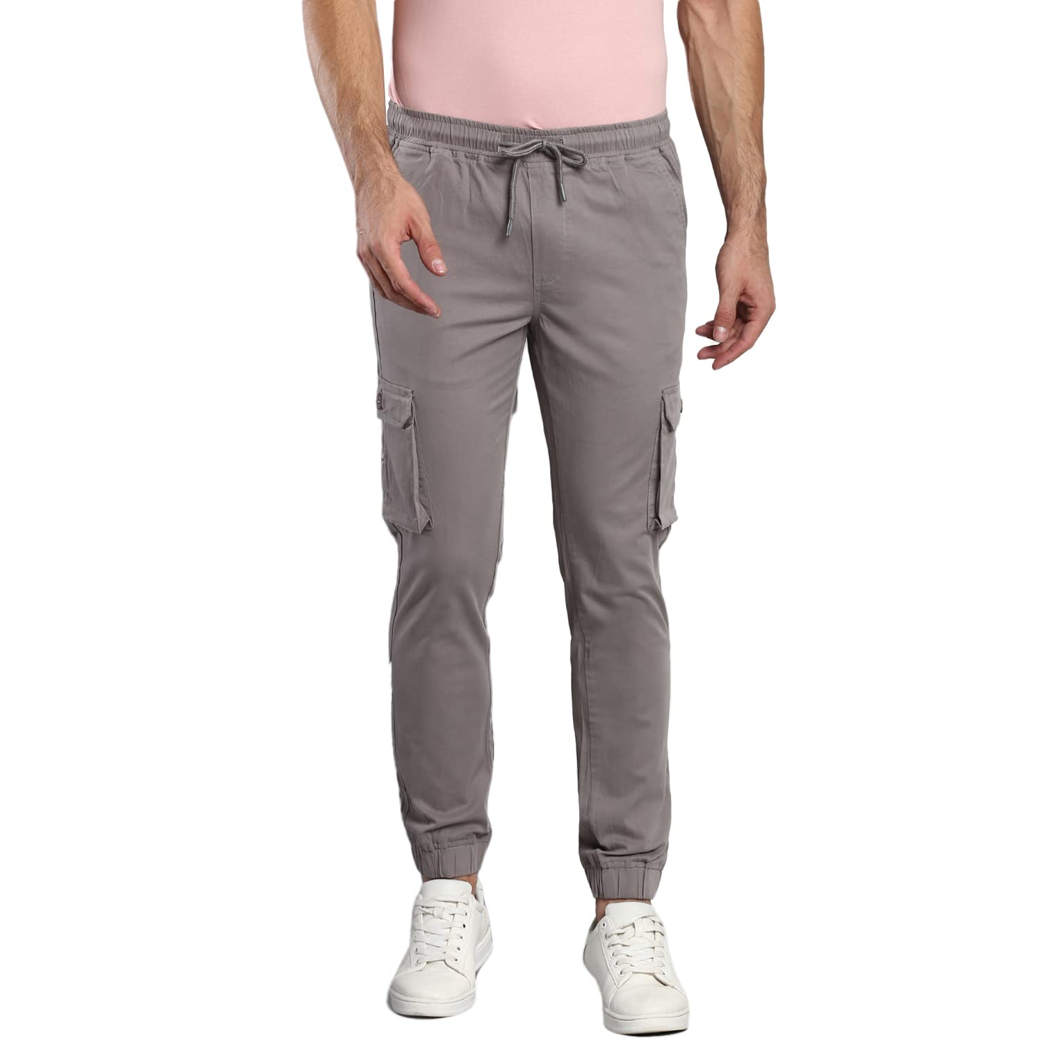 Dennis Lingo Mens Solid Cotton Casual Mid Rise Ankle Length Multi-Pocket Tapered Fit Stretchable Cargo Pant/Trousers (Graphite