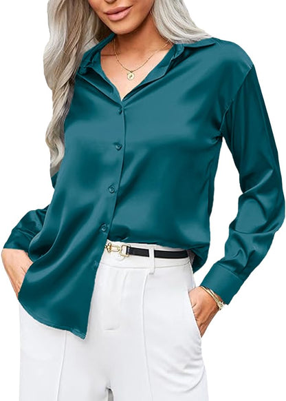 CB-COLEBROOK Womens Soft Satin Silk Button Down Shirts for Women Silky Long Sleeve Work Shirt Dress Blouses Tops (in, Alpha, S,