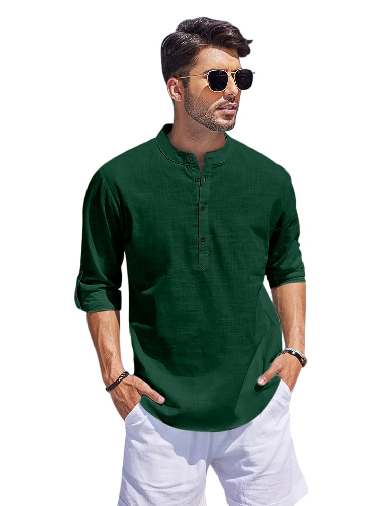 Hemrin Men Solid Cotton Blend Straight Kurta Shirt Dark Green