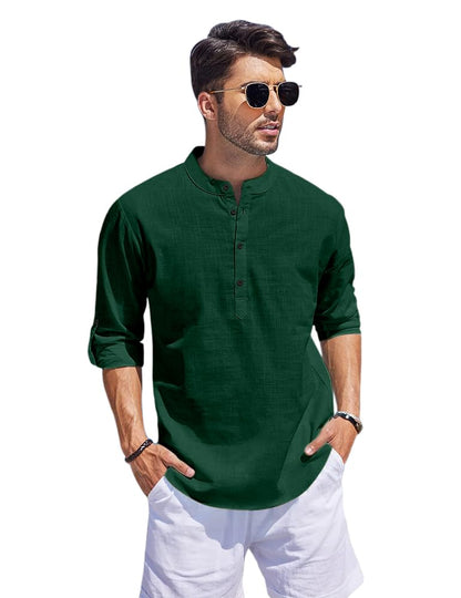 Hemrin Men Solid Cotton Blend Straight Kurta Shirt Dark Green