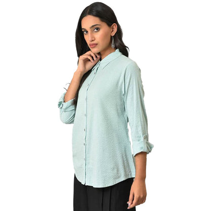 W Light Blue Textured Cotton Shirt-Style Top for Women