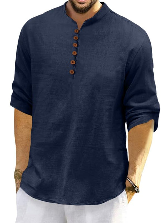Macsivo MenS Cotton Blend Short Kurta With Solid Mandarin Collared Full Sleeve Curved Hem Length | Kurta For Men Stylish Navy B