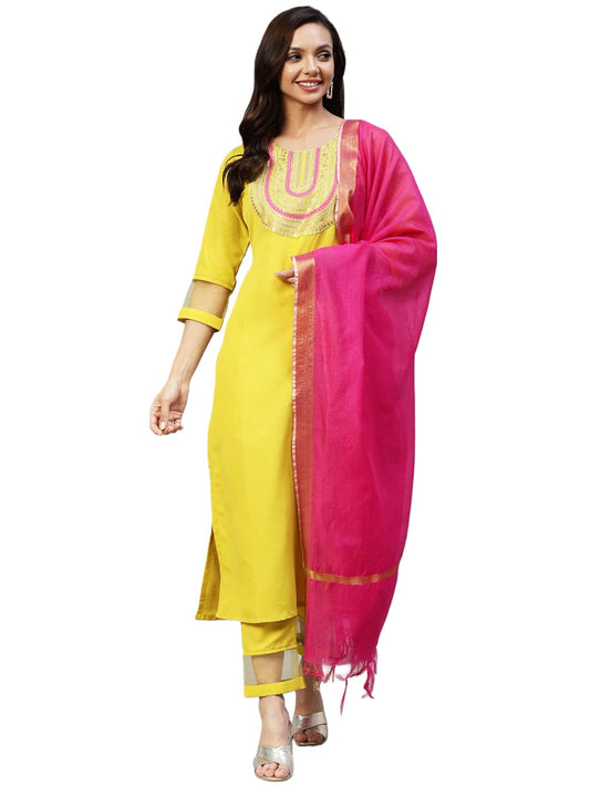 ANNI DESIGNER Women's Cotton Blend Embroidered Straight Kurta with Pant & Dupatta (TALPADE)