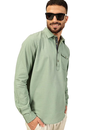 Thomas Scott Men Solid Cotton Linen Kurta Shirt (Ts1531_Green, M)