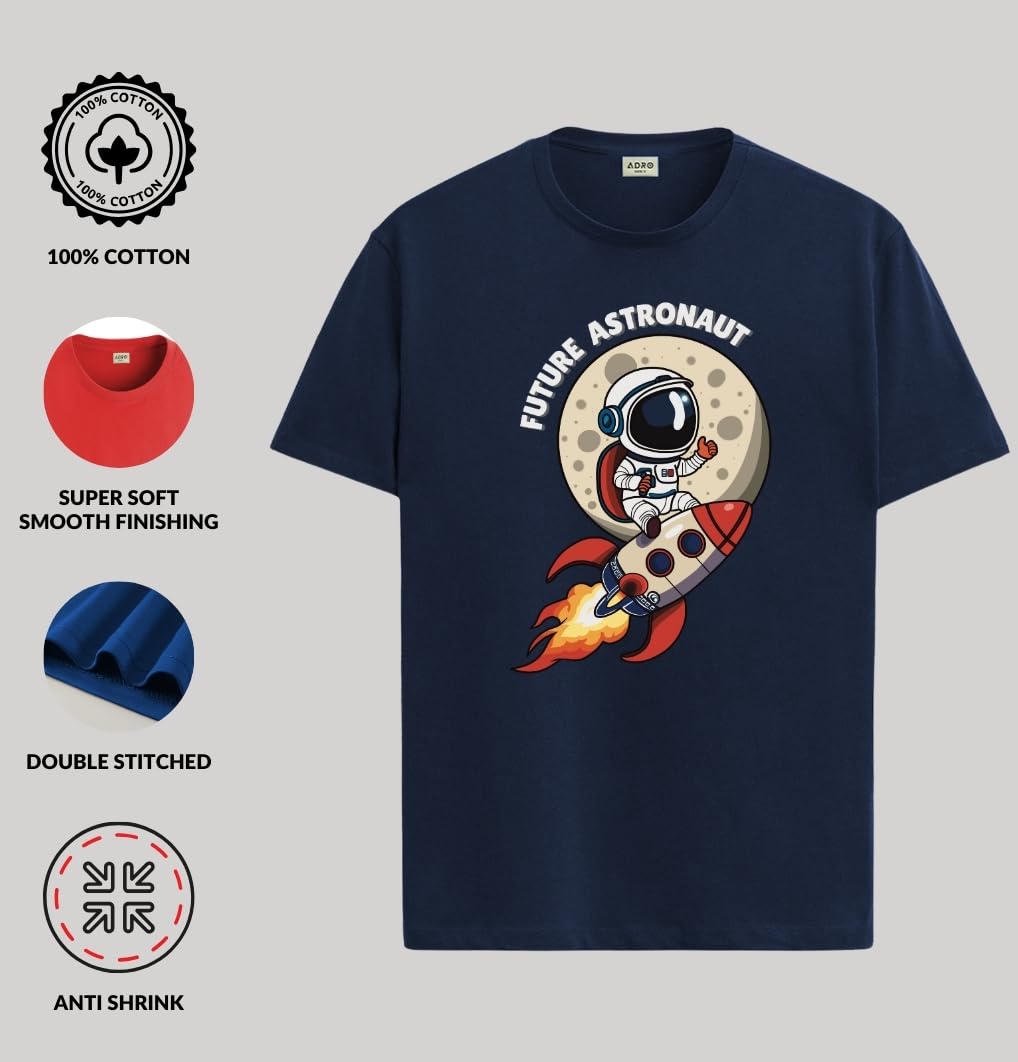 ADRO T Shirts for Boys & Girls | Astronaut Printed T-Shirt | Ages 3-14 | 100% Cotton Round Neck Tshirt for Boys |KRN-L2-ASTRO-NB