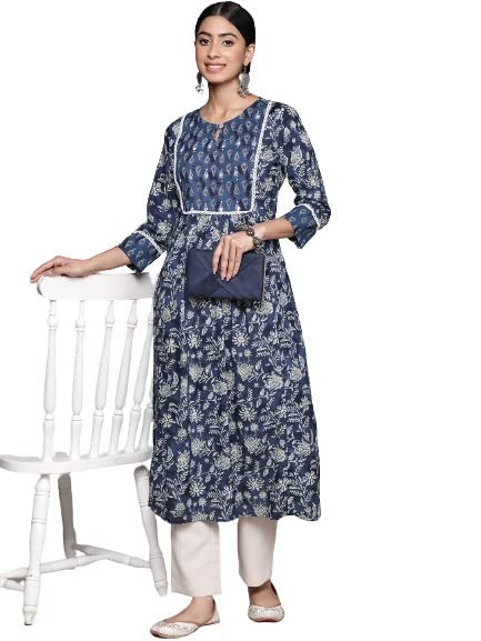 anubhutee Women's Cotton Navy Blue Mirror Work Floral Printed A-Line Kurta