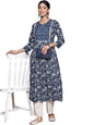anubhutee Women's Cotton Navy Blue Mirror Work Floral Printed A-Line Kurta