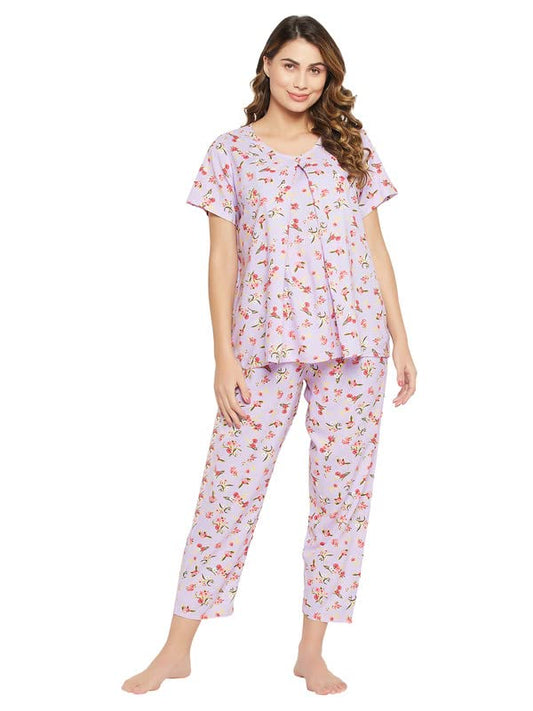 Clovia Womens Rayon Pretty Florals Feeding Top & Pyjama Set in Pink (LS0263D12_Pink_M)