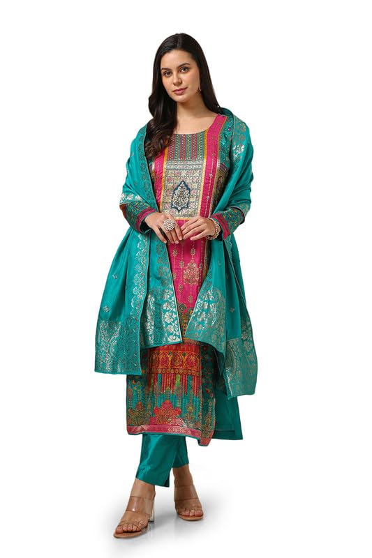 Soch Womens Teal Brocade Ethnic Motifs Suit Set With Faux Mirror And Sequins