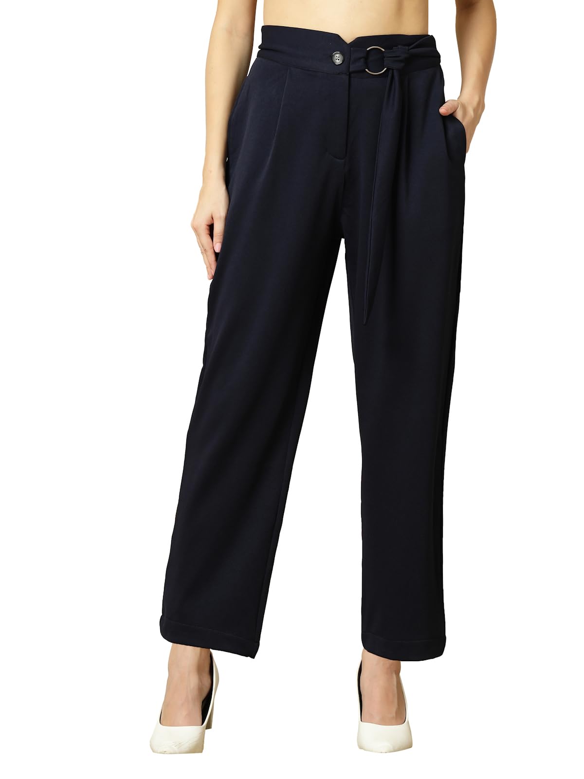 Womens Wide Leg Pants | Solid Blue Stretchable Polyester Trousers | Stylish Korean Clothing | Flared, Straight Fit, Baggy, and