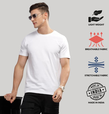 ADRO Men's Solid Regular Fit T-Shirt (RCM3-PLN-WH-WH-WH_White