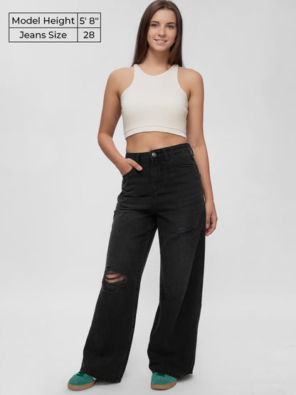 The Souled Store Denim: Amaranth Blue Women and Girls Buttoned Cotton Wide Leg Jeans