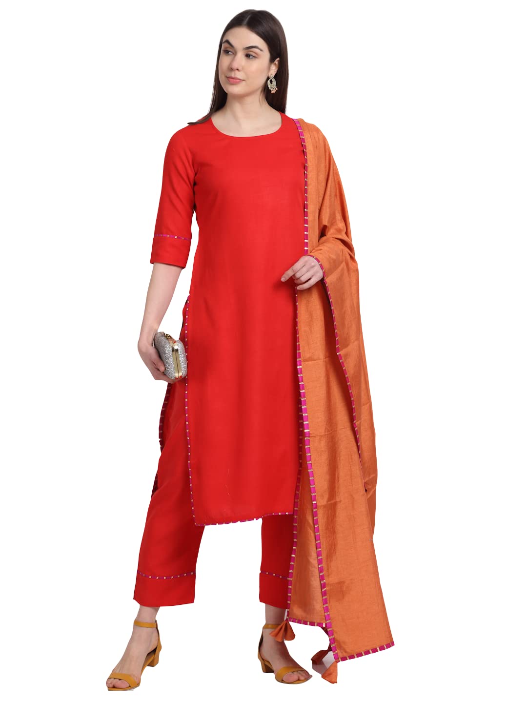 Anni Designer WomenS Cotton Blend Straight Kurta With Pant & Dupatta (Gubghat-Red_Xxl_Red_Xx-Large)