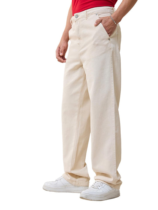 Bewakoof Mens Solid High Rise Regular Fit Cotton High Rise Baggy Jeans_624678_Beige_30