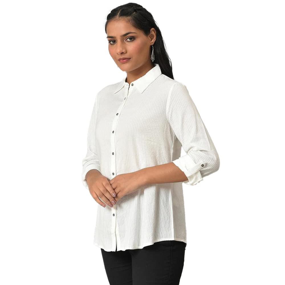 W Ecru Cotton Textured Shirt-Style Top for Women
